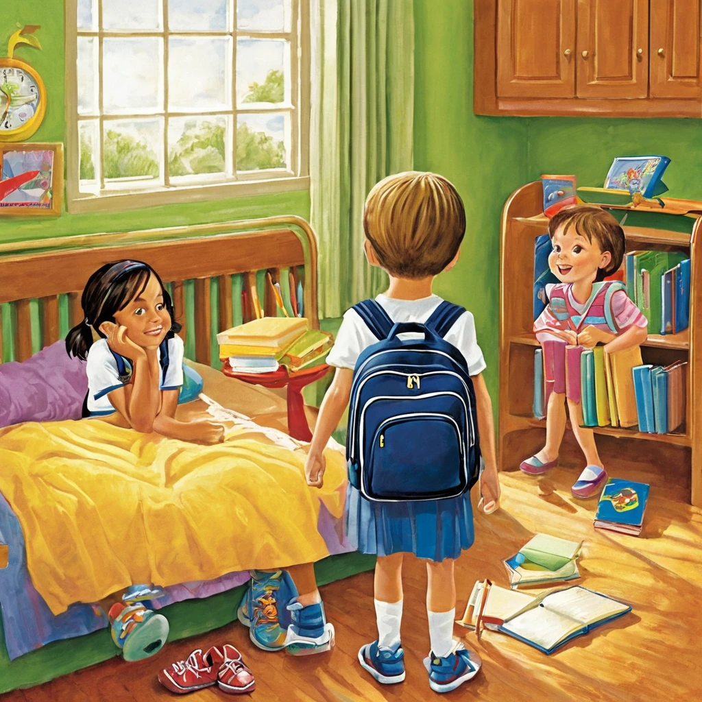 Preparing for Back to School
"Describe the morning atmosphere as children get ready to go back to school after a long holiday. Include details about their feelings, what they bring, and how their parents help them."