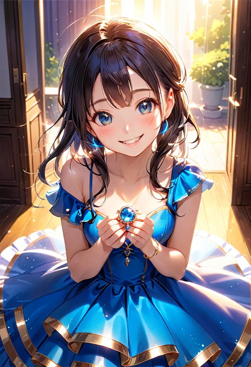 A shining ring placed in the center、Beautiful girl looking at the ring、Great smile、Bright smile、Blue half dress、