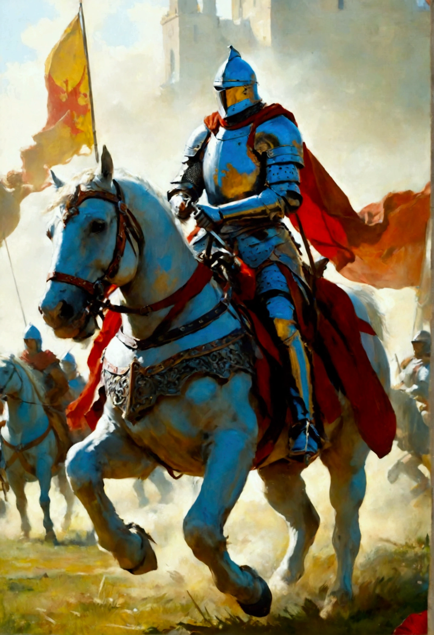 A charging medieval French knight. The image shows the knight in a dynamic and aggressive posture, mounted on a horse galloping at high speed. The knight wears full, detailed armor, featuring the colors and emblems of France, including the iconic fleur-de-lys symbol. His spear is lowered and ready to impact, and his expression reflects determination and bravery. The horse is also adorned with decorative bars that bear the same heraldic emblems. The background shows a battlefield, with other soldiers and knights in combat, and an atmosphere full of dust and movement. The sunlight shines brightly, adding drama to the scene and highlighting the heroism of the charging knight., UHD, retina, masterpiece, accurate, anatomically correct, textured skin, best quality, super detail, 16k