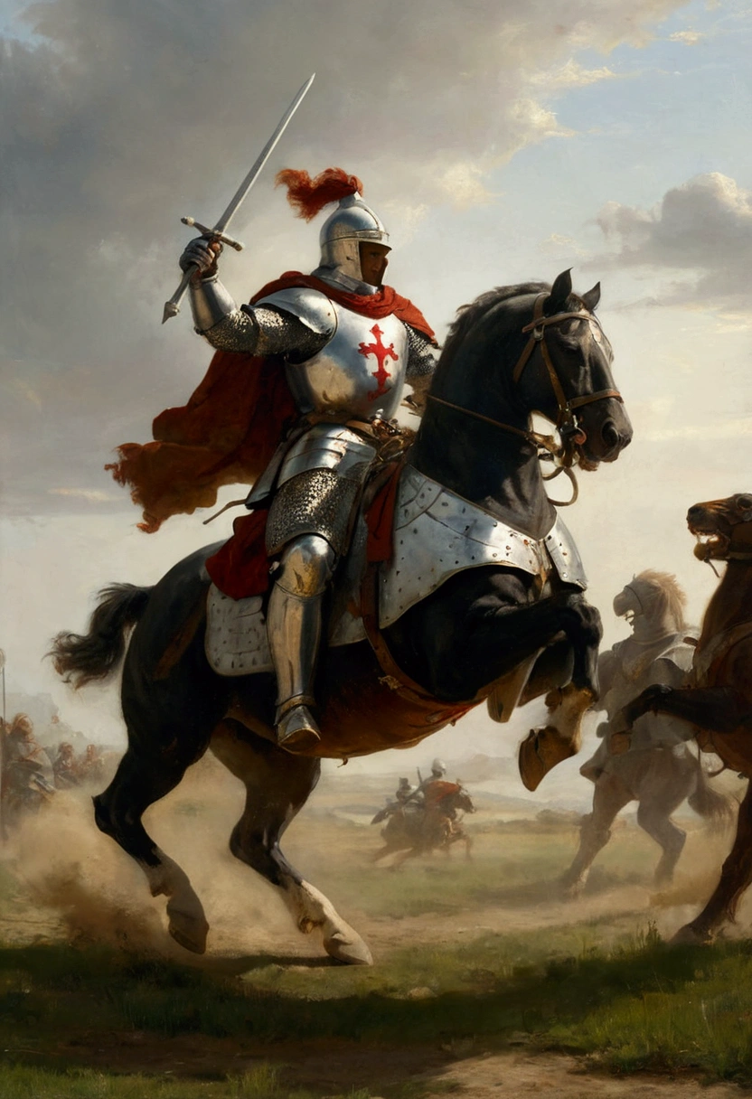 A charging medieval French knight. The image shows the knight in a dynamic and aggressive posture, mounted on a horse galloping at high speed. The knight wears full, detailed armor, featuring the colors and emblems of France, including the iconic fleur-de-lys symbol. His spear is lowered and ready to impact, and his expression reflects determination and bravery. The horse is also adorned with decorative bars that bear the same heraldic emblems. The background shows a battlefield, with other soldiers and knights in combat, and an atmosphere full of dust and movement. The sunlight shines brightly, adding drama to the scene and highlighting the heroism of the charging knight., UHD, retina, masterpiece, accurate, anatomically correct, textured skin, best quality, super detail, 16k