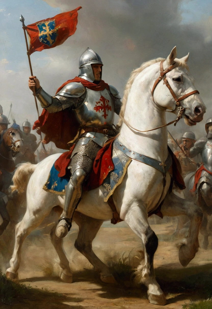 A charging medieval French knight. The image shows the knight in a dynamic and aggressive posture, mounted on a horse galloping at high speed. The knight wears full, detailed armor, featuring the colors and emblems of France, including the iconic fleur-de-lys symbol. His spear is lowered and ready to impact, and his expression reflects determination and bravery. The horse is also adorned with decorative bars that bear the same heraldic emblems. The background shows a battlefield, with other soldiers and knights in combat, and an atmosphere full of dust and movement. The sunlight shines brightly, adding drama to the scene and highlighting the heroism of the charging knight., UHD, retina, masterpiece, accurate, anatomically correct, textured skin, best quality, super detail, 16k