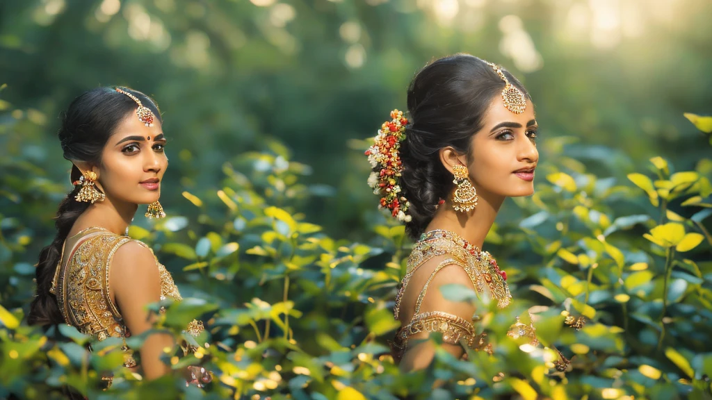 masterpiece, 8k, photorealistic, hyper detailed, highly detailed, cinematic lighting, warm color palette, intricate details, beautiful indian woman, elegant woman with beautiful eyes, long eyelashes, perfect skin, serene expression, ornate jewelry, traditional indian attire, intricate textile patterns, lush garden background, blooming flowers, sunlight filtering through leaves, atmospheric haze, sense of tranquility