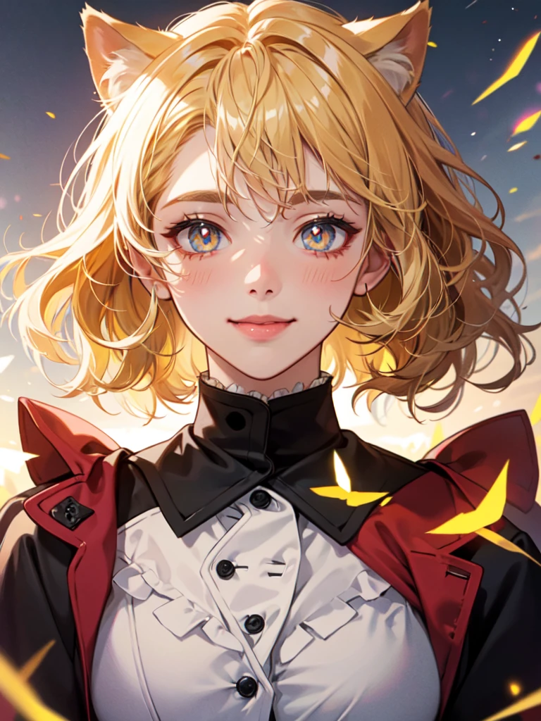 hair over shoulder, wavy hair, hair strand, shiny hair, blonde hair, eye reflection, glowing eyes, slit pupils, amber eyes, cat ears, smile, blush, glint, happy, anime, anime style, En plein air, high detail, cinematic lighting, ray tracing, reflection light, masterpiece, accurate, anatomically correct, super detail, high details, high quality, best quality, highres, 4K