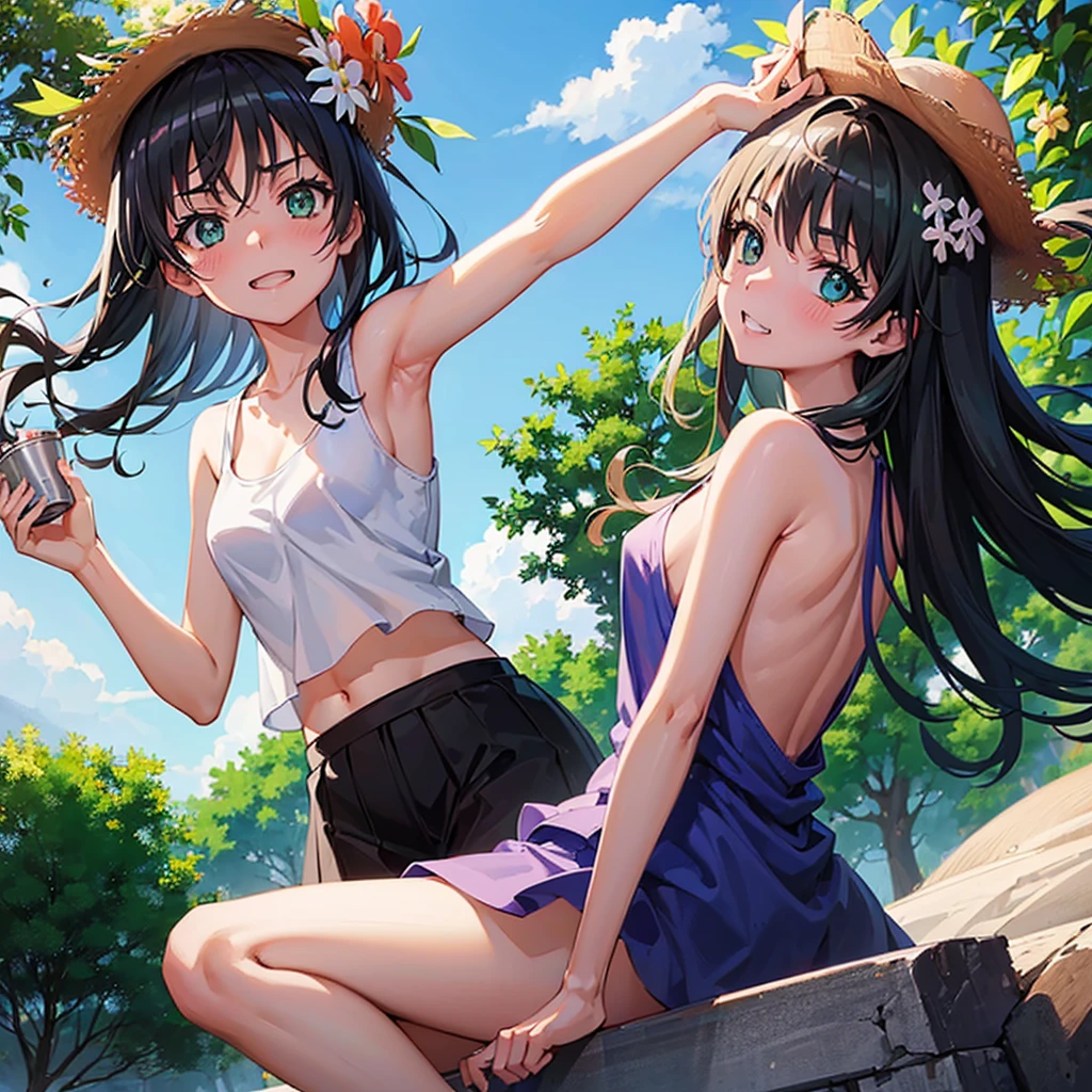 (High resolution:1.4), (masutepiece:1.2), (High quality:1.3) 1girl, saten ruiko, green eyes, long hair, black hair, small breast, blush, Grin、 White tank top shirt、Sweat、Cleavage、Armpit、 morning、summer、cloud、Wind、Straw hat、Selfie、Focus on the chest、, cinematic lighting,