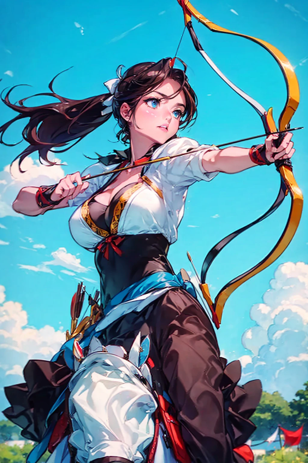 1girl,solo,cool,archery athlete,she hold a bow,draw a bow,archery,archer,cleavage,in archery venue, mounted archery