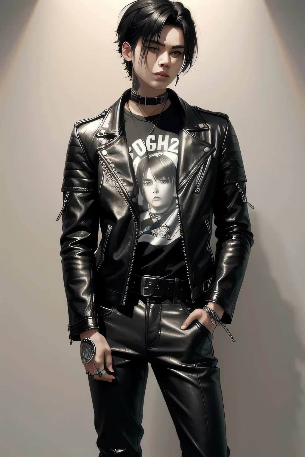 1 boy, alternative style, leather jacket, a rock band t-shirt, waist belt, black pants, piercings, all star, red guitar and shoulder-length black hair.