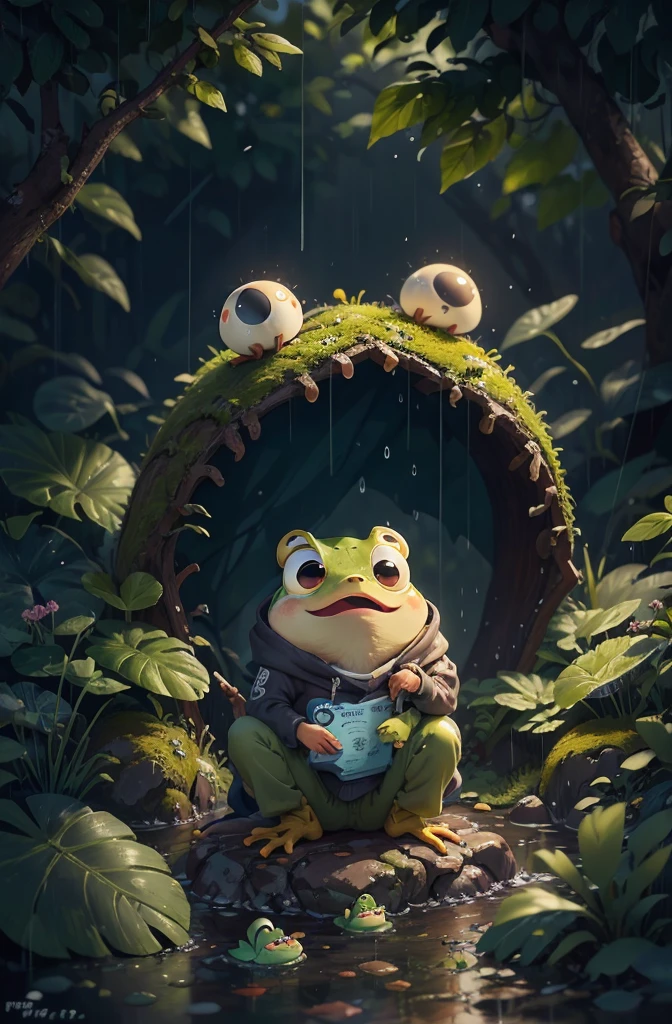 Pixar movie style, 最high quality, Still image, very cute, Big eyes，very happy，Attention to detail, high quality, masterpiece, Accurate, Super detailed，  frog, rain, French Ranting, award-winning nature photography, rain!!!!,  frog,  rain, rain  自然写真, rain, National Geographic Photo, rain滴