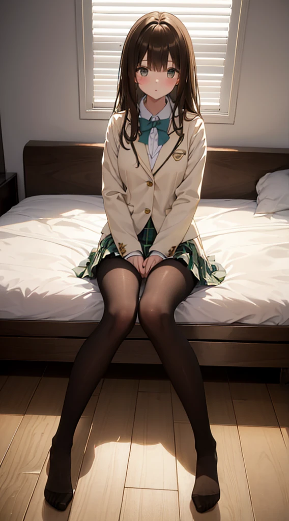 Top quality, masterpiece, High resolution, (Head to toe full body), front, frontやや下からの構図, Symmetric, Tall 18 year old girl, alone, (Head to toe), (Small breasts), Unkempt brown hair, bangs, (black tights), (Black Pantyhose), (Sit with your legs apart), (Crouching pose), (A composition showing white panties), (Her legs were spread、I see your white pants.), (I was made to sit on the floor with my legs spread..), (M-shaped legs), Thin legs, A very beautiful and tall 18 year old girl, (No shoes), blush, Shy big eyes, looking at the camera, Blazer Uniform, Checkered Pleated Skirt