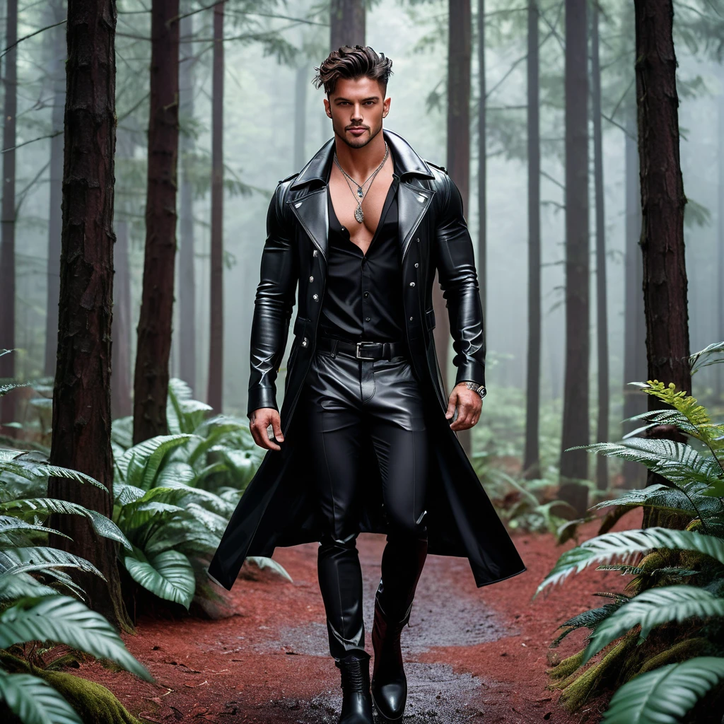 A Handsome Man, with Broad-shouldered, rugged muscular build, Tousled Jet Black hair, lightly tanned skin tone, and Onyx black eyes. He have tattoos all over his body, and silver chain necklace adorned his neck. He is clad in black leather coat over half-buttoned burgundy red dress shirt, black tailored trousers, and black leather boots. With a cool smirk, he is standing in an alien-like forest.