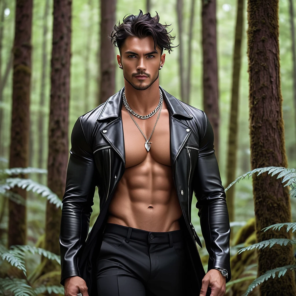 A Handsome Man, with Broad-shouldered, rugged muscular build, Tousled Jet Black hair, lightly tanned skin tone, and Onyx black eyes. He have tattoos all over his body, and silver chain necklace adorned his neck. He is clad in black leather coat over half-buttoned burgundy red dress shirt, black tailored trousers, and black leather boots. With a cool smirk, he is standing in an alien-like forest.