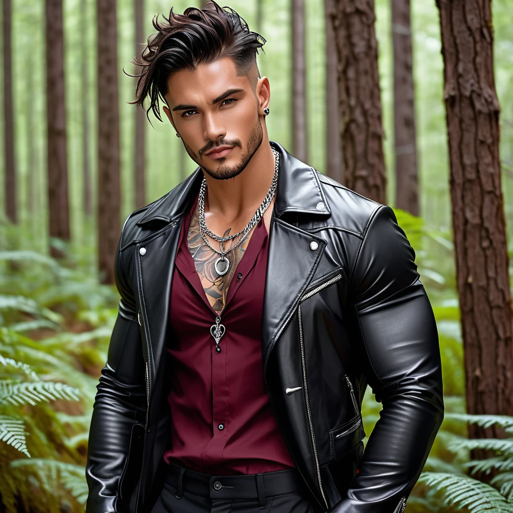 A Handsome Man, with Broad-shouldered, rugged muscular build, Tousled Jet Black hair, lightly tanned skin tone, and Onyx black eyes. He have tattoos all over his body, and silver chain necklace adorned his neck. He is clad in black leather coat over half-buttoned burgundy red dress shirt, black tailored trousers, and black leather boots. With a cool smirk, he is standing in an alien-like forest.