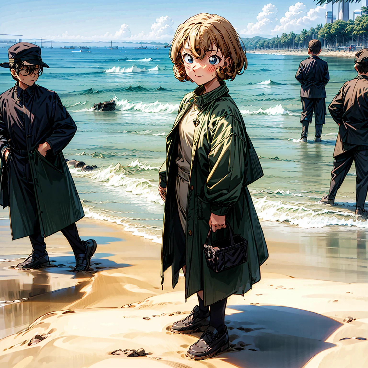 1childern girl, Full body version, 1character, children version, black eyes color, bob Curly haircut, blonde colour hair, army style clothing,Grassroots, background in beach, motion blur, (detective conan style art)