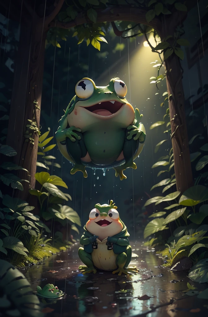 Pixar movie style, 最high quality, Still image, very cute, Big eyes,very happy,Attention to detail, high quality, masterpiece, Accurate, Super detailed, frog, rain, French Ranting, award-winning nature photography, rain!!!!, frog, rain, rain 自然写真, rain, National Geographic Photo, rain滴