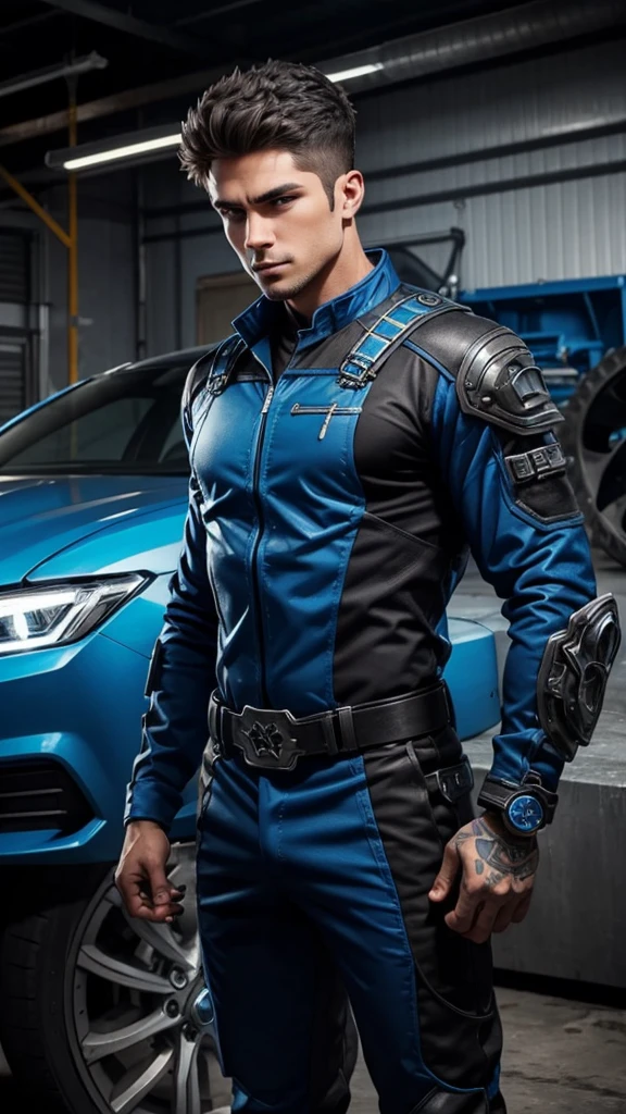 Draw a mechanic in blue and black, fine details in the gears of his outfit.