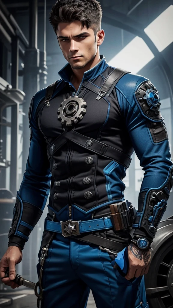 Draw a mechanic in blue and black, fine details in the gears of his outfit.