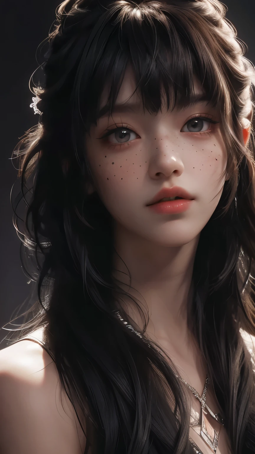 masterpiece, best quality, ultra-detailed, facing the camera head on, intricately detailed hyperdetailed, realistic, sharp features, highly detailed, sharp focus, perfect face, perfect face, perfect symmetrically perfect eyes, perfect full lips, flexible female form, cinematic, film light, hyper detailed, hyper realistic, dynamic studio lighting, nsfw, ((Dark background)), Sexy face, Facial expressions when receiving pleasure, straight Bangs, freckles,