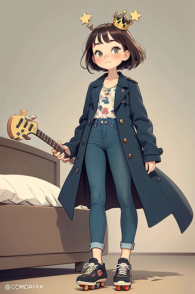 Cartoon She, teenager energetic black eyes Dressed for an important date, She wears a floral print dress a plastic crown like Cinderella And in-line skates lying on the bed. He looks like a star with an overcoat like a pirate, black hair and eyes, brunette skin, jeans and sneakers. With your plastic guitar. Como no dia do Halloween.