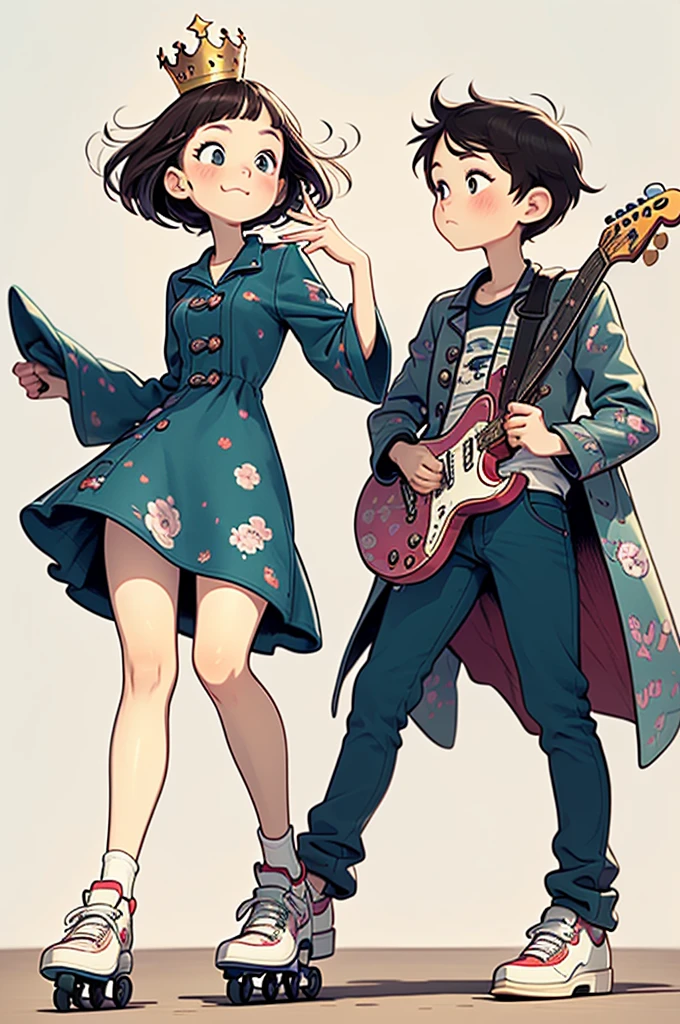 Cartoon She, teenager energetic black eyes Dressed for an important date, She wears a floral print dress a plastic crown like Cinderella And in-line skates lying on the bed. He looks like a star with an overcoat like a pirate, black hair and eyes, brunette skin, jeans and sneakers. With your plastic guitar. Como no dia do Halloween.