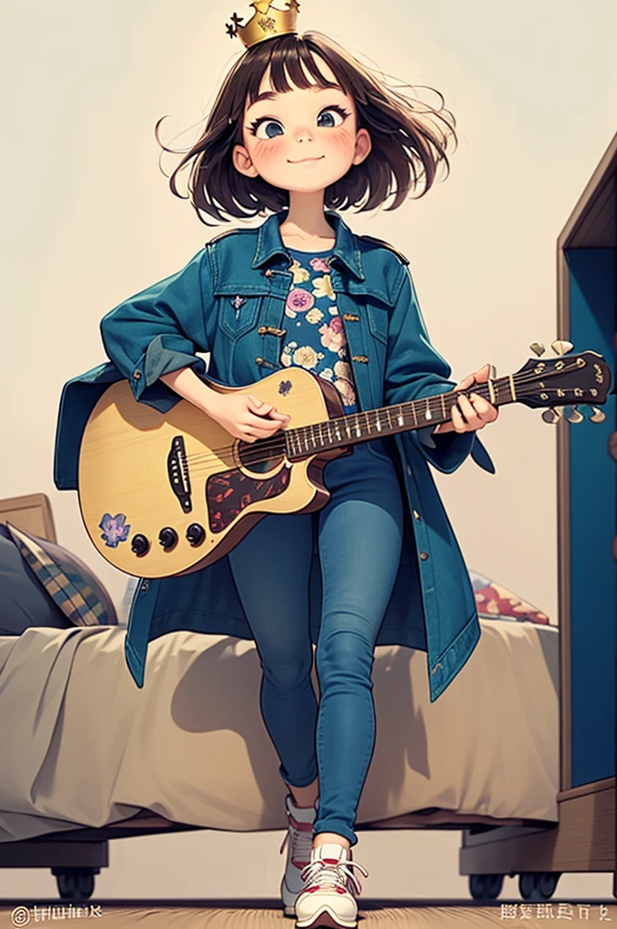 Cartoon She, teenager energetic black eyes Dressed for an important date, She wears a floral print dress a plastic crown like Cinderella And in-line skates lying on the bed. He looks like a star with an overcoat like a pirate, black hair and eyes, brunette skin, jeans and sneakers. With your plastic guitar. Como no dia do Halloween.