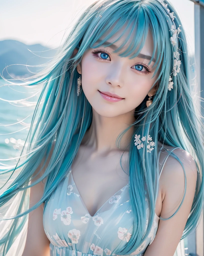 (Highest quality, 32k, High resolution, Masterpiece:1.5), marimo_jet, god々A photograph with brilliant dazzling and healing power., Evoking a sense of calm and elusive beauty, Expressing emotions, Have a rich imagination, The road to the horizon, Nostalgic scenery of youth, Beautiful Japanese Girls, An exceptionally beautiful face, Small Face Beauty, Perfect Human Anatomy, Magical big eyes, Motherhood and generosity, Deep Love, fleeting smile, ((Shiny light blue hair:1.3)), ((Beautiful long hair swaying in the wind)), Asymmetrical bangs, Hair between the eyes, Transparent, soft white skin, Sharp eyebrows, Thin lashes, Natural Makeup, Cheek highlighter, Pale pink detailed lips, (White floral dress:1.4), High resolutionの美しい太もも, Beautiful legs, ((Walking the coastal highway:1.2)), ((The road to the horizon路)), Beautifully detailed skies, ((Shining in the morning sunlight)), Professional photographer, Professional Lighting, Professional models, god秘的