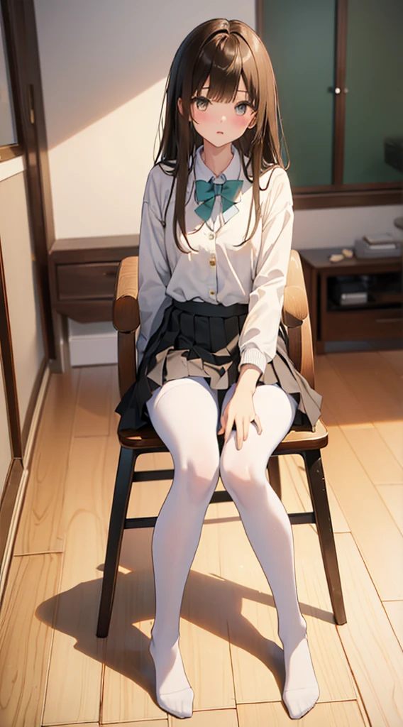 Top quality, masterpiece, High resolution, (Head to toe full body), front, frontやや下からの構図, Symmetric, Tall 18 year old girl, alone, (Head to toe), (Small breasts), Unkempt brown hair, bangs, (black tights), (Black Pantyhose), (Sit with your legs apart), (Crouching pose), (A composition showing white panties), (Her legs were spread、I see your white pants.), (I was made to sit on the floor with my legs spread..), (M-shaped legs), Thin legs, A very beautiful and tall 18 year old girl, (No shoes), blush, Shy big eyes, looking at the camera, Blazer Uniform, Checkered Pleated Skirt