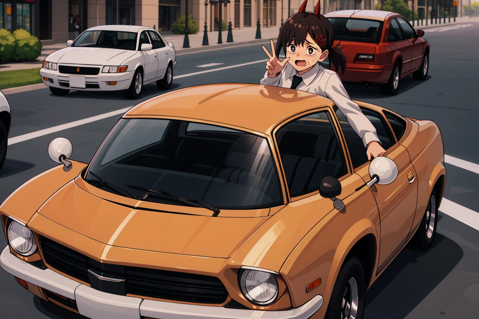 absurdres, highres, ultra detailed, power_crashes_kobeni's_car_(meme), (power:1.1), kobeni, white collared shirt, necktie, steering wheel, car, front view, looking at viewer, (scared:1.1), city, street