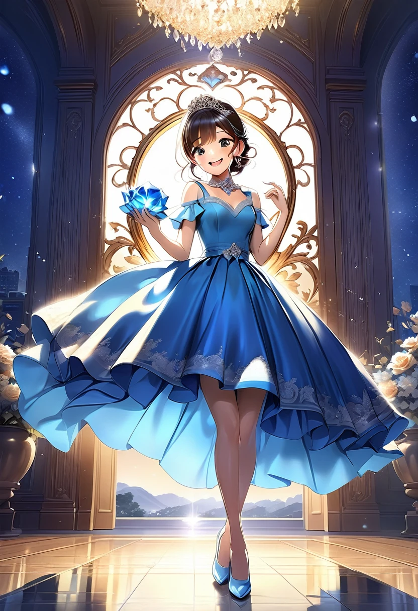 A shining ring placed in the center、Beautiful girl looking at the ring、Great smile、Bright smile、Blue half dress、