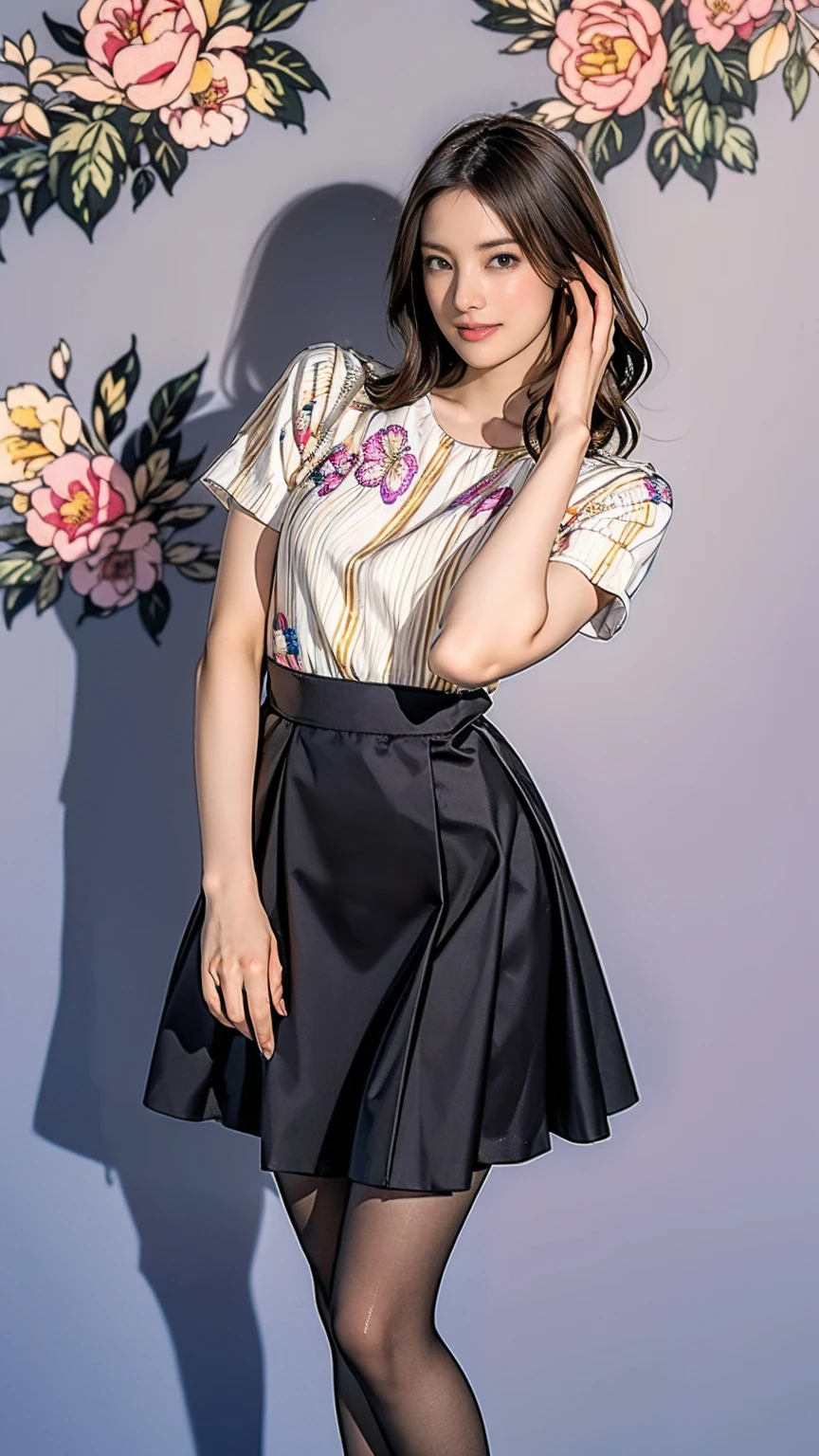 ((masterpiece)),(((Highest quality))),Thin thighs,Long legs,whole body:1.5,(One Girl:1.3),(Black pantyhose and thick pointy heels:1.3),(Wearing a mid-length flared skirt dress with a floral stripe pattern:1.2),Short blonde:1.2、Good pose:1.5