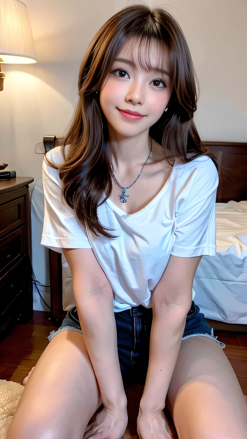 seed:4195271995,((Full Body Angle:1.1)),((Highest quality, 8K, masterpiece: 1.3)), concentrated: 1.2,Front hair:1.3, Cute girl 1,Nipples erect、 Perfect beauty: 1.4,Colorful T-shirts、Shorts,: 1.2,Randall Color、comics&Text Graphics、Black,1.1, Highly detailed face and skin textures, Fine grain, double eyelid, whitening skin, ,Highest quality,Ultra-high resolution,you,1 girl,alone,_Shiny_skin,Iris,necklace,((brown_length_Wavy_hair)),(lips)),eyelash,Front hair,deal with,compensate,Shiny,pore,skin big breasts、(smiling face)、((Front hair:1.2))、Bedroom、