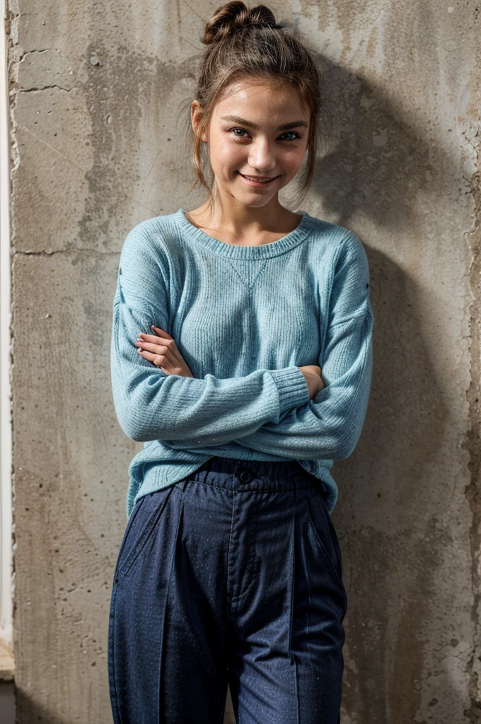 13 years old girl in your house, hairbun, stunning, makeup, sparkling eyes, smiling, wearing blue pullover and pants, leaning by the wall, black hair, folding her arms