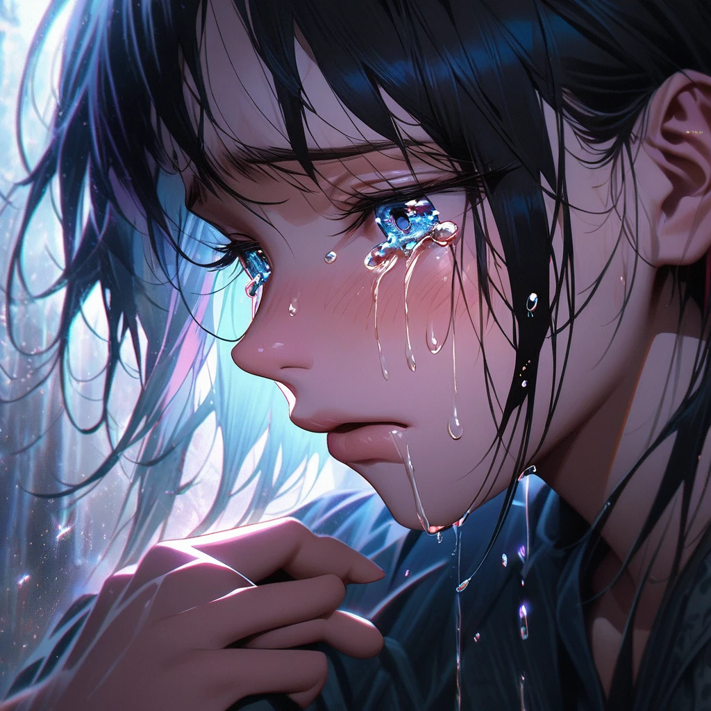 crying,aesthetic,extremely detailed,teary eyes,rosy cheeks,soaked lashes,emotional expression,intense sadness,dripping tears,true-to-life textures,highly refined details,dramatic lighting,seamless blending of colors,vibrant hues,artistic composition,layered brushstrokes,emotive brushwork,realistic water droplets,breathtaking realism,masterful craftsmanship,haunting beauty,evocative atmosphere,highly emotional scene,silent sorrow,stark contrast,moody ambiance,endless depth,luminous glow,shimmering highlights,subtle shadows,intimate close-up,precise contours,striking emotion,fluid brush movements,touching portrayal,painstaking attention to detail,aesthetically pleasing,heart-wrenching,deeply moving artistry