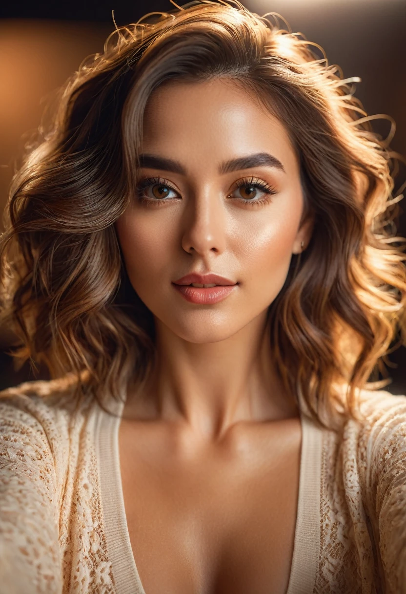 a beautiful woman taking a selfie, detailed facial features, bright lighting, high resolution, 8k, photorealistic, cinematic composition, intricate details, dramatic lighting, warm color tones, shallow depth of field, flawless skin, intricate hair, elegant pose, thoughtful expression, studio environment, natural lighting, professional photography
