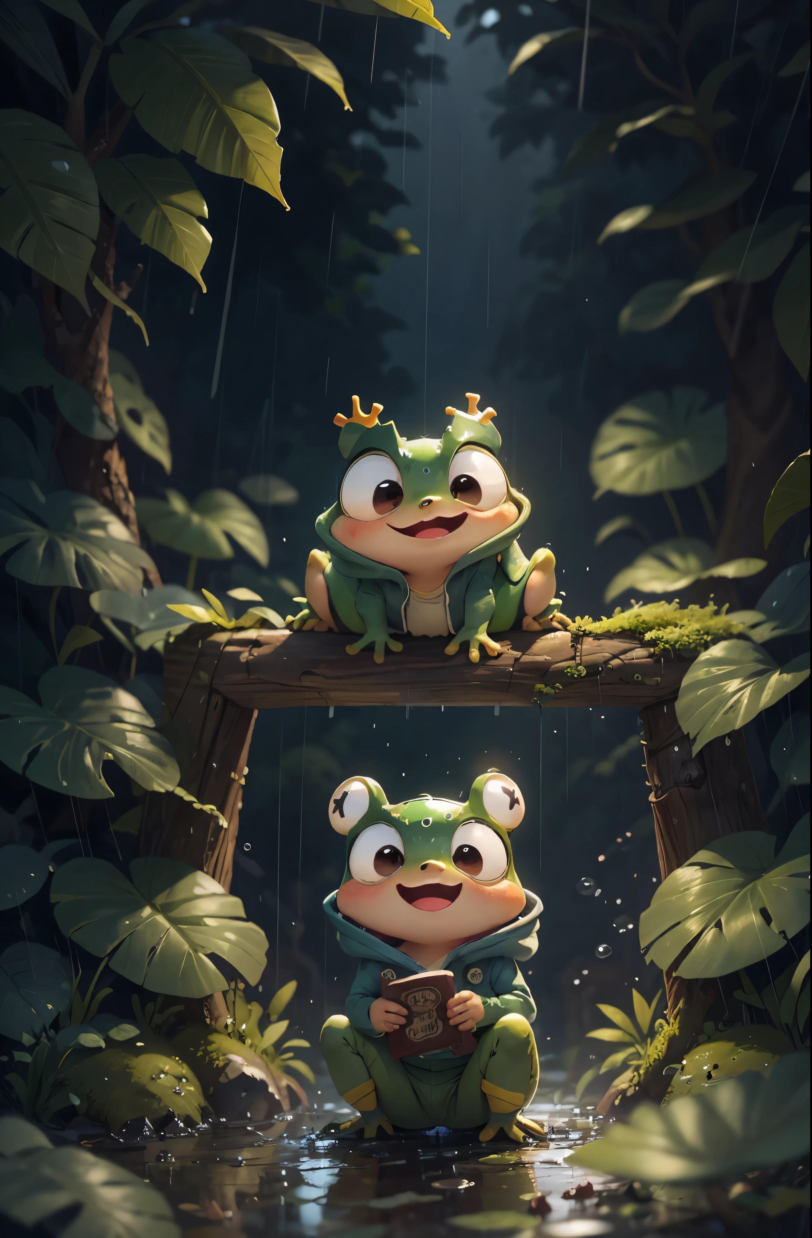 Pixar movie style, 最high quality, Still image, very cute, Big eyes,very happy,Attention to detail, high quality, masterpiece, Accurate, Super detailed, frog, rain, French Ranting, award-winning nature photography, rain!!!!, frog, rain, Rain Nature Photo, rain, National Geographic Photo, raindrops