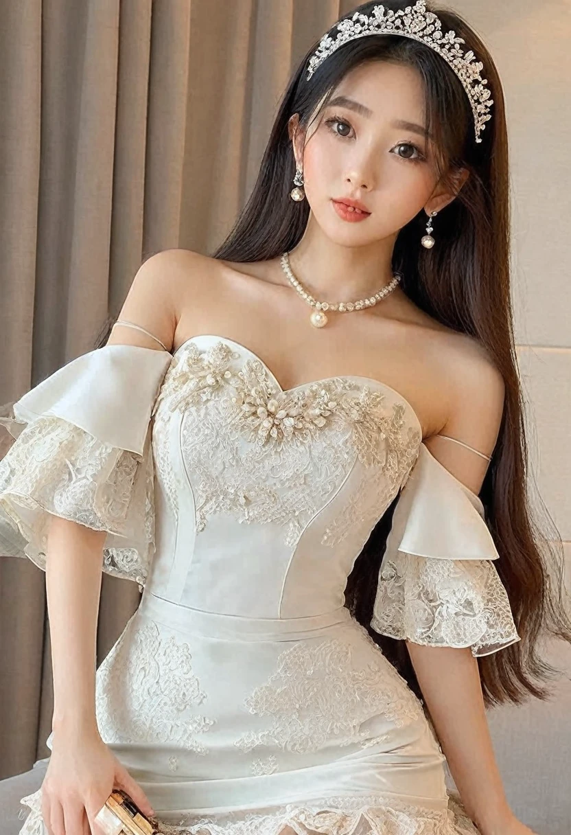 (best high quality:1.5), obra de arte, (8k), extremely detailed, (High details:1.4), Solo, Korean Ulzzang female with 24 years old, (tight short dress strapless),