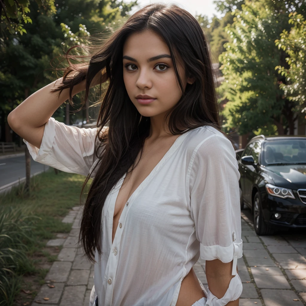 A photorealistic of a 21-year-old mexican girl sexy with long, flowing dark hair and striking dark eyes. She should have a natural, approachable expression and be illuminated by soft, The background should be a scenic outdoor setting, car. Capture this image with a high-resolution photograph using an 85mm lens for a flattering perspective.