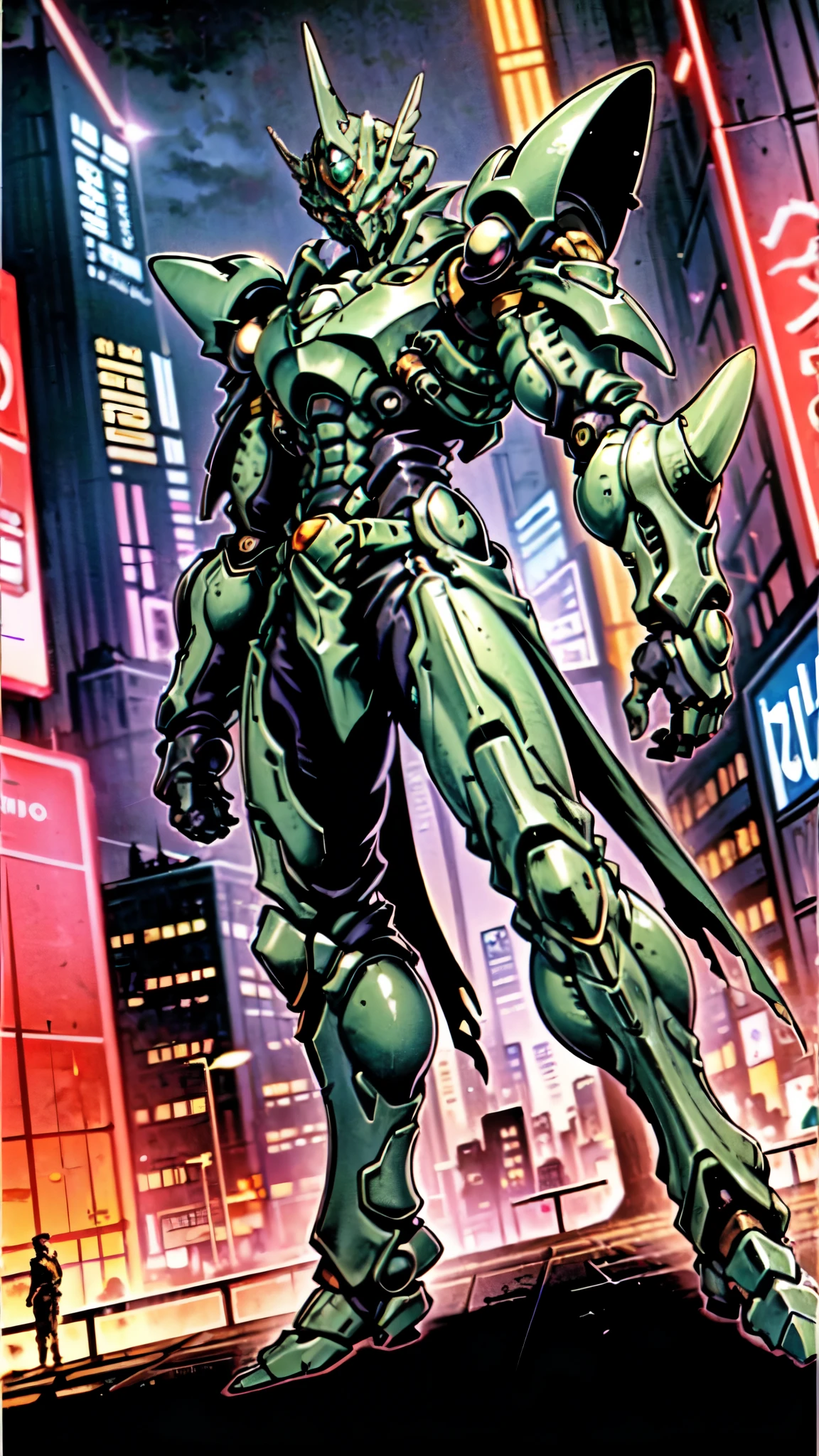 (masterpiece:1.5, best quality:1.5, extremely delicate:1.5, foreshortening:1.5, dynamic angle:1.5), a man wearing a full-face helmet, a fantasy-style biotech armored combat suit, green eyes, (a composite layered chest armor), fully enclosed shoulder guards, matching arm and leg guards, the belt is adorned with neon circuitry, (the color scheme is primarily red glow with white and green accents), the design balances heavy with agility, a high-tech bio-mecha armor, (Armor Concept Inspired by neon Cyberpunk, stand on the top of a skyscraper in a futuristic sci-fi city), this character embodies a finely crafted fantasy-surreal style armored hero in anime style, exquisite and mature manga art style, (element, plasma, energy, the armor glows), ((male:1.5)), metallic, high definition, highres, ultra-detailed, ultra-fine painting, professional, perfect body proportions, golden ratio, anatomically correct, symmetrical face, extremely detailed eyes and face, high quality eyes, creativity, RAW photo, UHD, 32k, Natural light, cinematic lighting, masterpiece-anatomy-perfect