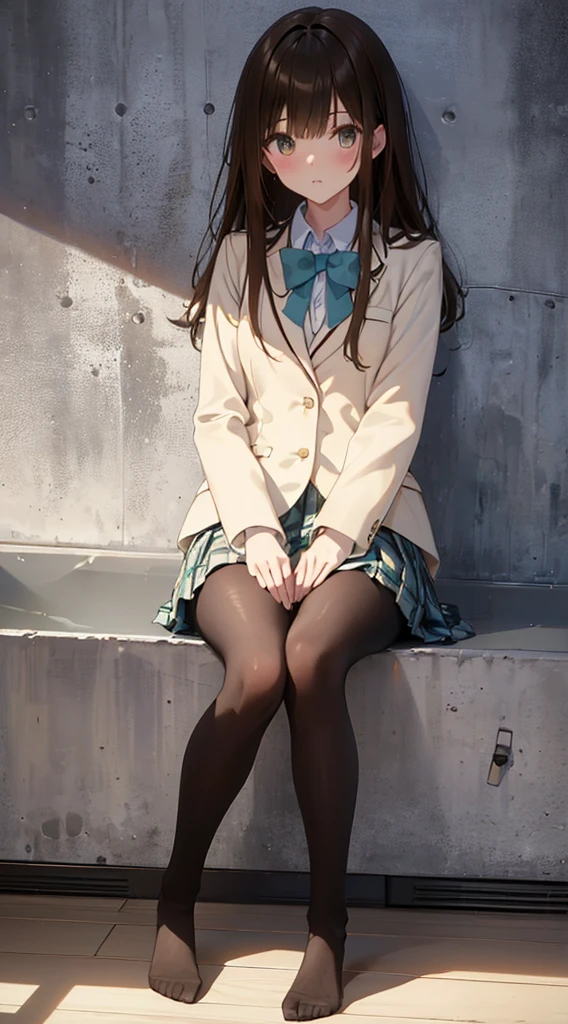 Top quality, masterpiece, High resolution, (Head to toe full body), front, frontやや下からの構図, Symmetric, Tall 18 year old girl, alone, (Head to toe), (Small breasts), Unkempt brown hair, bangs, (black tights), (Black Pantyhose), (Sit with your legs apart), (Crouching pose), (A composition showing white panties), (Her legs were spread、I see your white pants.), (I was made to sit on the floor with my legs spread..), (M-shaped legs), Thin legs, A very beautiful and tall 18 year old girl, (No shoes), blush, Shy big eyes, looking at the camera, Blazer Uniform, Checkered Pleated Skirt