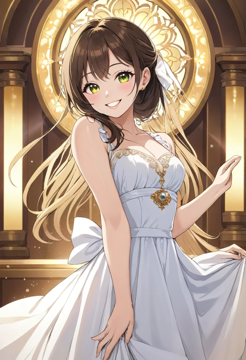 A shining ring placed in the center、Beautiful girl looking at the ring、Great smile、Bright smile、White half dress、