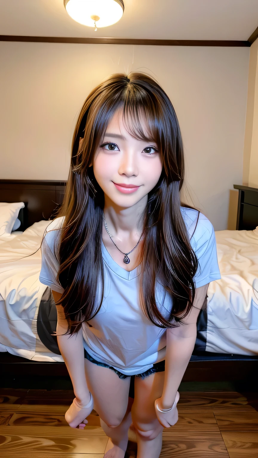 seed:4195271995,((Full Body Angle:1.１)),((Highest quality, 8K, masterpiece: 1.3)), concentrated: 1.2,Front hair:1.3, Cute girl 1,Nipples erect、 Perfect beauty: 1.4,Colorful T-shirts、Shorts,: 1.2,Randall Color、comics＆Text Graphics、Black,1.1, Highly detailed face and skin textures, Fine grain, double eyelid, whitening skin, ,Highest quality,Ultra-high resolution,you,1 girl,alone,_Shiny_skin,Iris,necklace,((brown_length_Wavy_hair)),(lips)),eyelash,Front hair,deal with,compensate,Shiny,pore,skin big breasts、(smiling face)、((Front hair:1.2))、Bedroom、