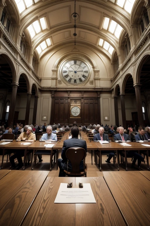 Create an image containing a large Clock, with people sitting for a job interview in the background. The slogan should be Interview Time