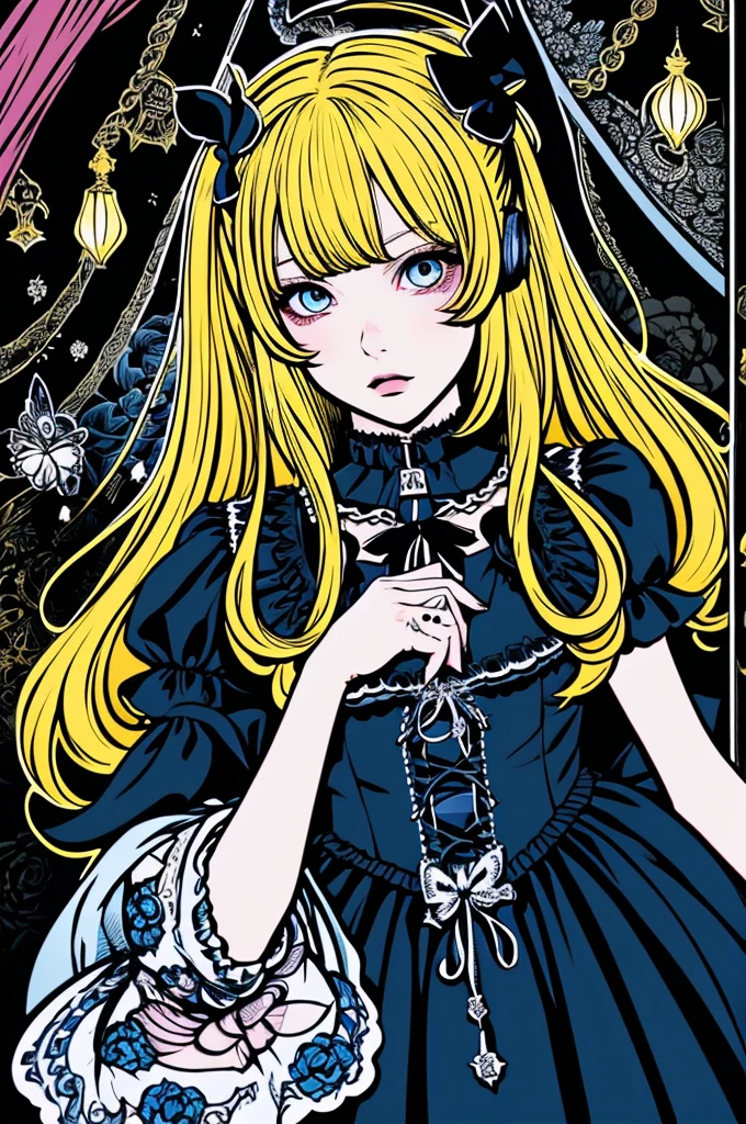 Beautiful Hardcore Illustration homepage illustration style, dark, high resolution, hard touch illustration, strong outline, 1 girl, gothic & lolita style, gothic & lolita fashion, 8k, American comic style, colorful background, Hiroyuki Nagasaka, aggressive, beautiful face, cool beauty, dress, beauty style, yellow color, Hard illustration, blue hear,
