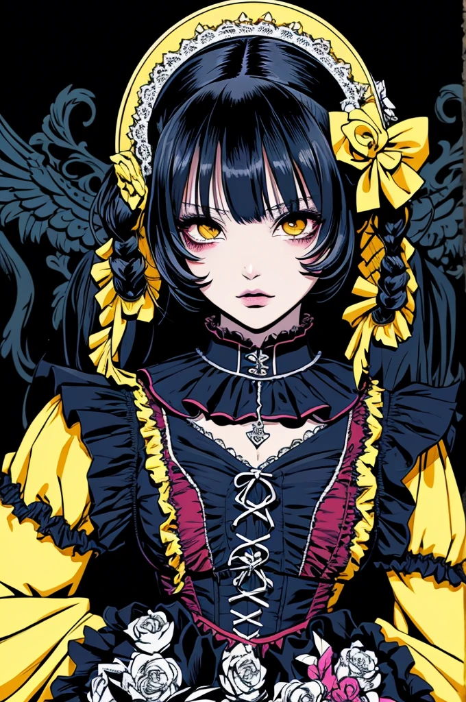 Beautiful Hardcore Illustration homepage illustration style, dark, high resolution, hard touch illustration, strong outline, 1 girl, gothic & lolita style, gothic & lolita fashion, 8k, American comic style, colorful background, Hiroyuki Nagasaka, aggressive, beautiful face, cool beauty, dress, beauty style, yellow color, Hard illustration, blue hear,