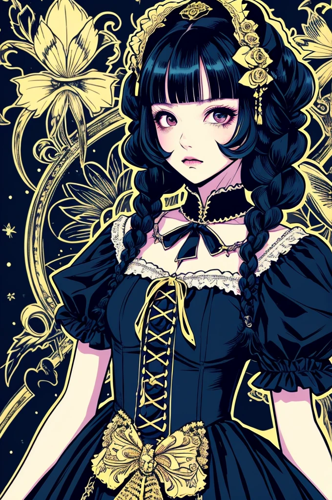 Beautiful Hardcore Illustration homepage illustration style, dark, high resolution, hard touch illustration, strong outline, 1 girl, gothic & ta style, gothic & loliashion, 8k, American comic style, colorful background, Hiroyuki Nagasaka, aggressive, beautiful face, cool beauty, dress, beauty style, yellow color, Hard illustration, blue hear,
