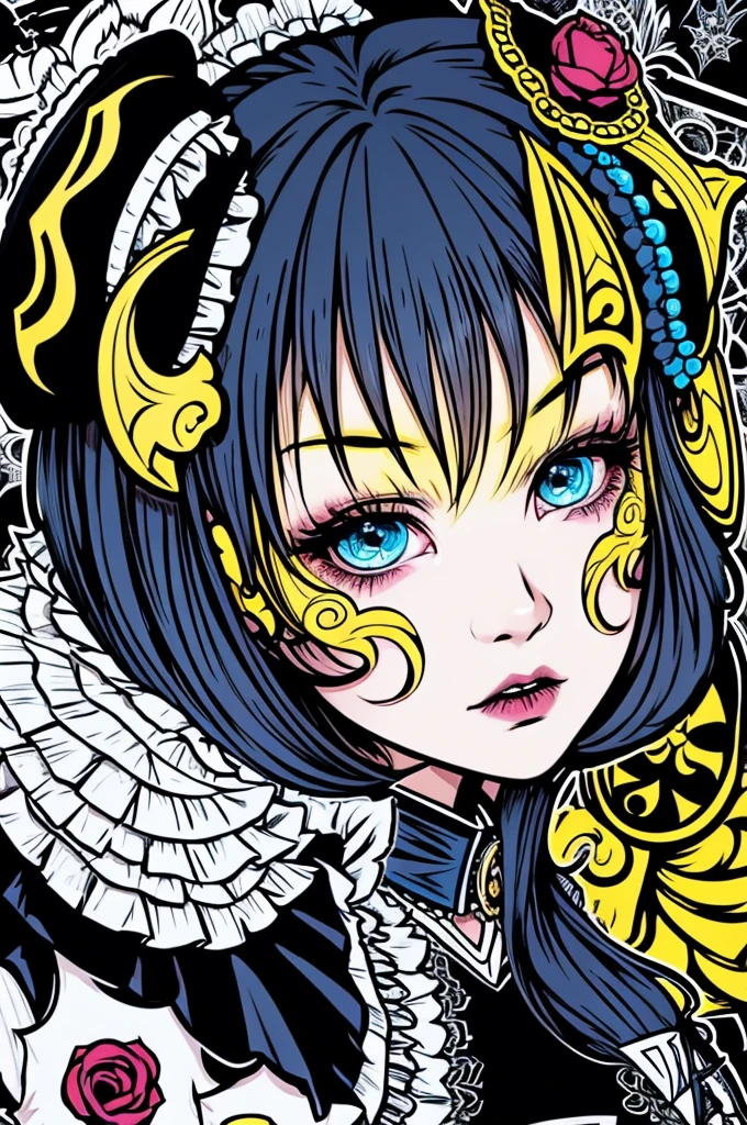 Beautiful Hardcore Illustration homepage illustration style, dark, high resolution, hard touch illustration, strong outline, 1 girl, gothic & lolita style, gothic & lolita fashion, 8k, American comic style, colorful background, Hiroyuki Nagasaka, aggressive, beautiful face, cool beauty, dress, beauty style, yellow color, Hard illustration, blue hear,
