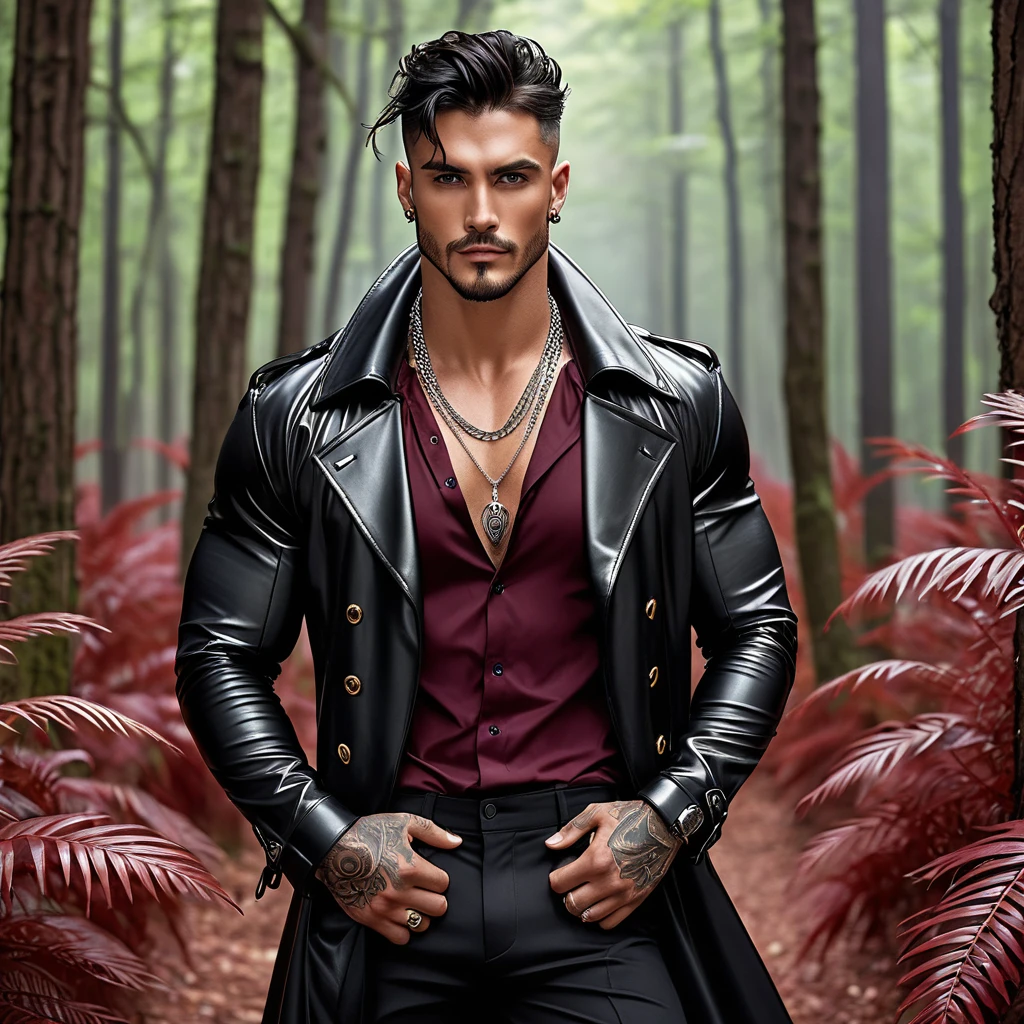 A Handsome Man, with Broad-shouldered, rugged muscular build, Unkempt Jet Black hair, lightly tanned skin tone, and Onyx black eyes. He have tattoos all over his body, and silver chain necklace adorned his neck. He is clad in black leather trench coat over half-buttoned burgundy red dress shirt, black vest, black tailored trousers, and black leather boots. He have gold bands on his upper arms, and wrists. With a cool smirk, he is standing in an alien-like forest.