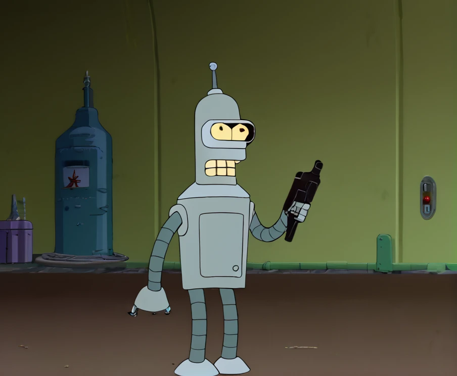 Bender, angry and screaming, holding burn Uzi Gun, Children Hospital