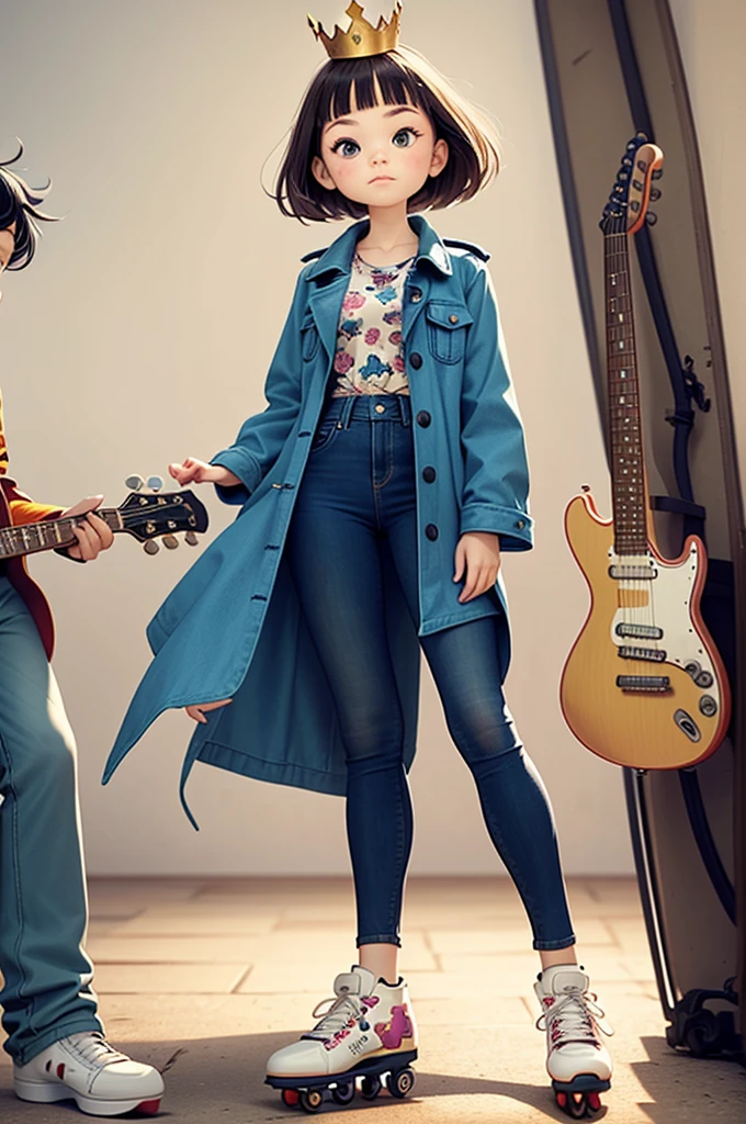 Cartoon She, teenager energetic black eyes, Dressed for an important date, She wears a floral print dress, a plastic crown like a princess and in-line skates lying on the bed. He looks like a rock star, with overcoat like a pirate, black hair and eyes, brunette skin, jeans and sneakers. With your plastic guitar. Como no dia do Halloween.
