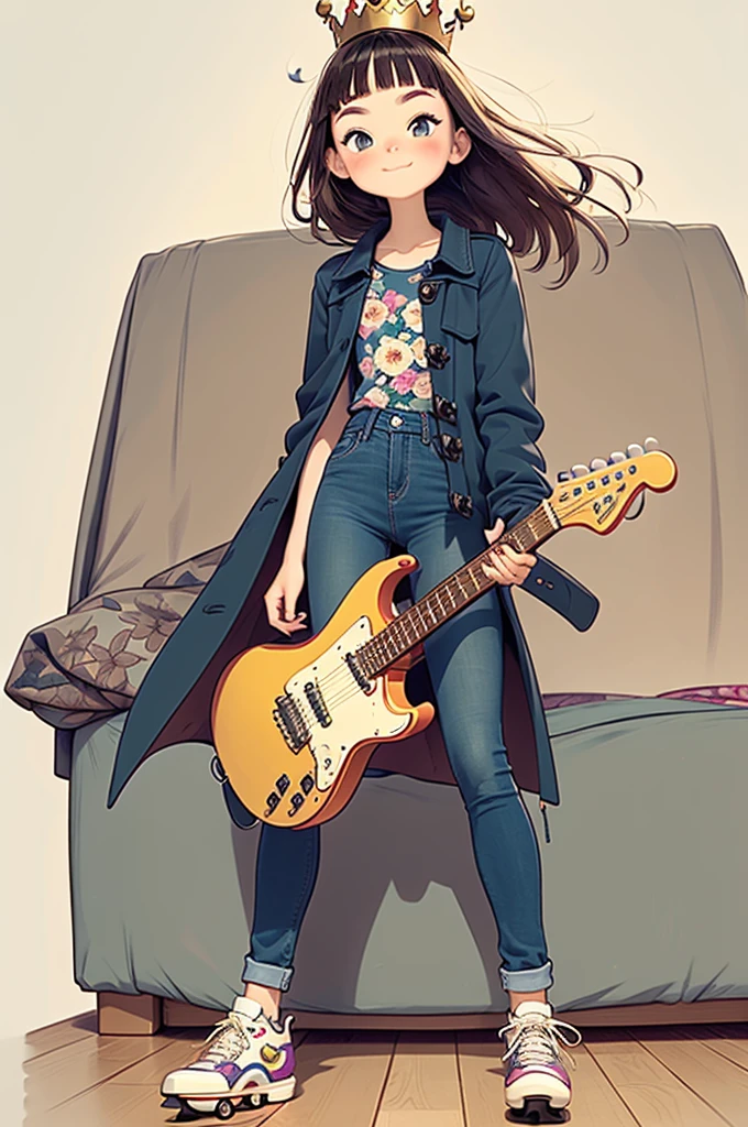 Cartoon She, teenager energetic black eyes, Dressed for an important date, She wears a floral print dress, a plastic crown like a princess and in-line skates lying on the bed. He looks like a rock star, with overcoat like a pirate, black hair and eyes, brunette skin, jeans and sneakers. With your plastic guitar. Como no dia do Halloween.