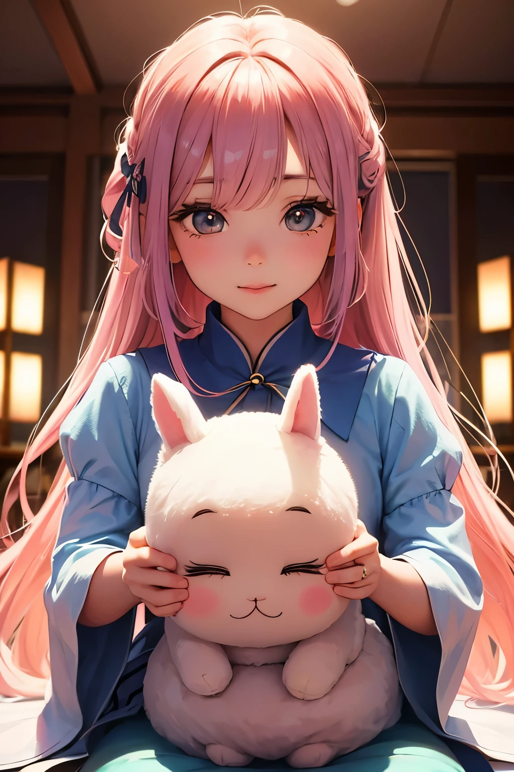 Chibi girl doll and cute rabbit、A dream collaboration、Vibrant and colorful girl、high quality、detailed、Photorealistic、masterpiece、Studio Lighting、8K、Hyperrealistic、非常にdetailed、complicated、Sharp Focus、Real、非常にdetailed、美しいdetailedな目、美しいdetailedな唇、非常にdetailedな目と顔、Long eyelashes、Elegant pose、Serene atmosphere、Fantasy、Magic、Whimsical、Soft pastel colors、Warm lighting、delicate、Ethereal、Imaginative