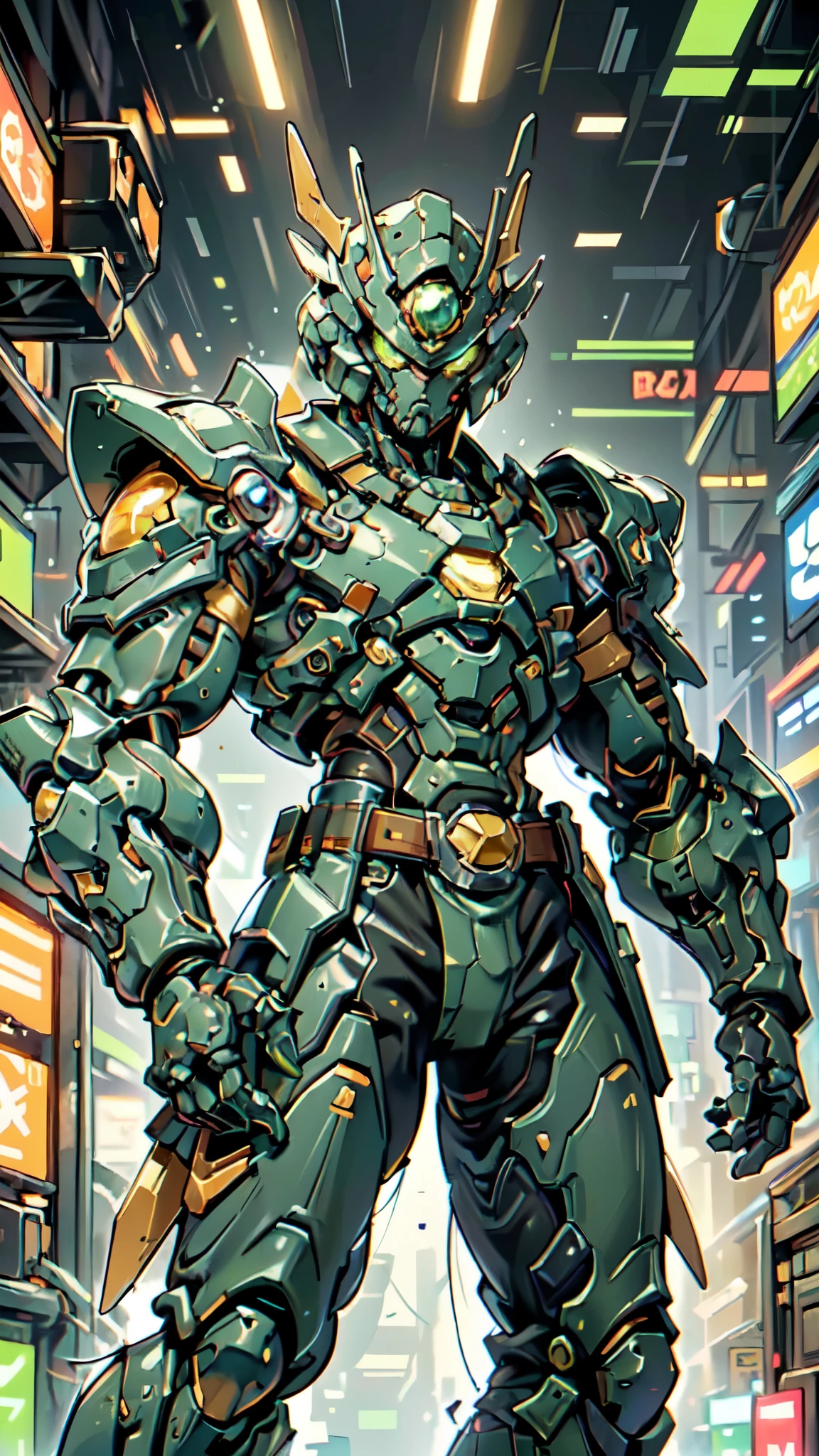 (masterpiece:1.5, best quality:1.5, extremely delicate:1.5, foreshortening:1.5, dynamic angle:1.5), a man wearing a full-face helmet, a fantasy-style biotech armored combat suit, green eyes, (a composite layered chest armor), fully enclosed shoulder guards, matching arm and leg guards, the belt is adorned with neon circuitry, (the color scheme is primarily red glow with green and white accents), the design balances heavy with agility, a high-tech bio-mecha armor, (Armor Concept Inspired by neon Cyberpunk, stand on the top of a skyscraper in a futuristic sci-fi city), this character embodies a finely crafted fantasy-surreal style armored hero in anime style, exquisite and mature manga art style, (element, plasma, energy, the armor glows), ((male:1.5)), metallic, high definition, highres, ultra-detailed, ultra-fine painting, professional, perfect body proportions, golden ratio, anatomically correct, symmetrical face, extremely detailed eyes and face, high quality eyes, creativity, RAW photo, UHD, 32k, Natural light, cinematic lighting, masterpiece-anatomy-perfect